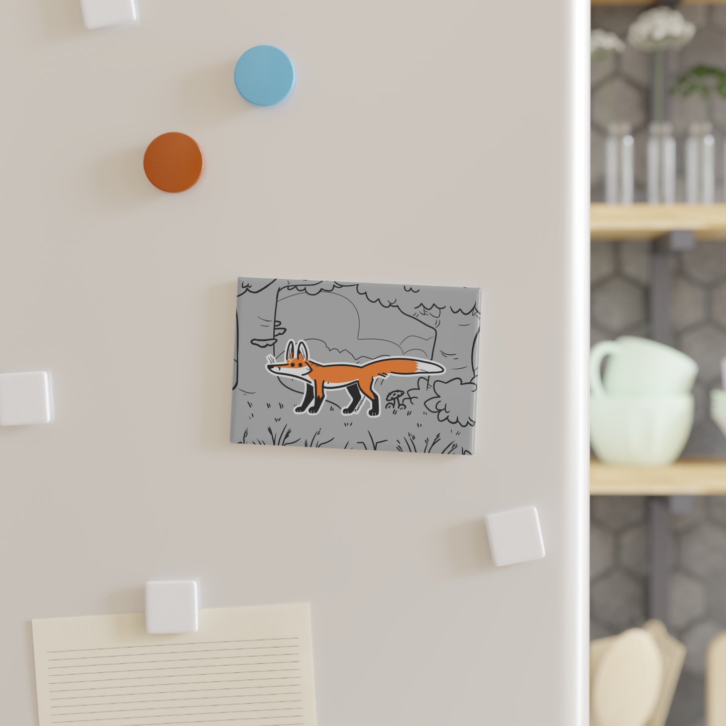 "Stick Fox" Rectangular Button Magnet - Orange