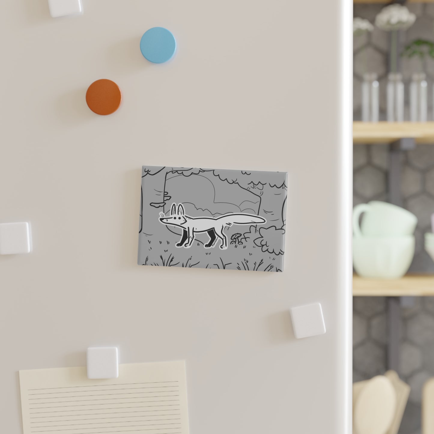 "Stick Fox" Rectangular Button Magnet - White